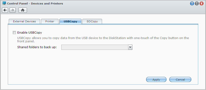 Synology DiskStation használati utasítása Adatok biztonsági mentése USB-eszközről vagy SD kártyáról A Főmenü > Vezérlőpult > Eszközök és nyomtatók menüpontban megadhat egy megosztott mappát az