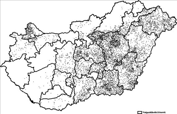 A vadállományok szabályozásának, hasznosításának gyakorlata 126. ábra - A mezeinyúl-teríték megoszlása Magyarországon l996-ban (1 pont = 10 pld) (Országos Vadgazdálkodási Adattár) Gazdálkodás.