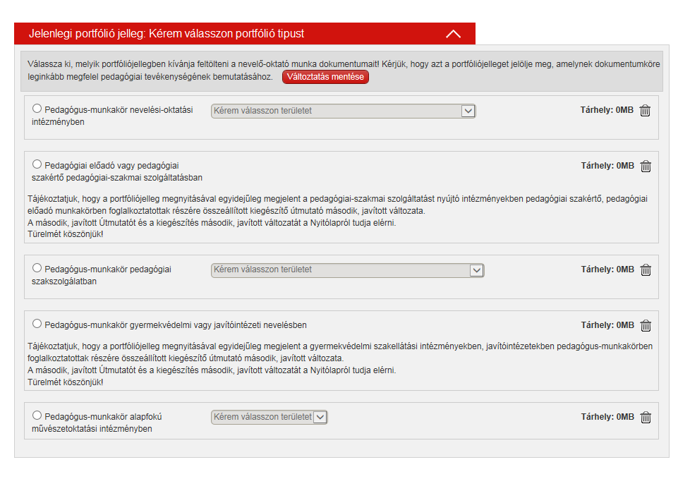 4.5.2.Portfóliójelleg választása A különböző felhasználóknak szakmai okokból különböző típusú portfólió feltöltésére van lehetősége.