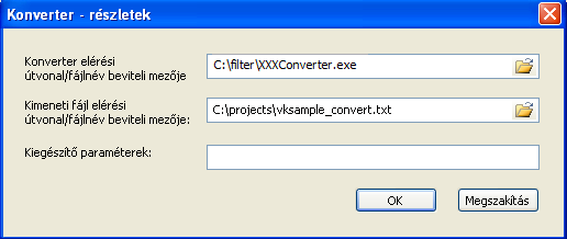 A konverter-részletek beállítására szolgáló párbeszéd nyílik meg A XXXConverter.exe konverter-fájl és a kimeneti fájl kiválasztásához kattintson a választóikonra.