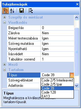 Vonalkód-típus módosítása A Tulajdonságok ablak Tartalom kategóriájában vonalkód-típust választhat (lásd még a Tulajdonság ablak Tartalom részét). A Típus mezőben válassza ki a kívánt vonalkód-típust.