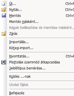 A menüsor Fájl menü Ez a fejezet az egyes menük legfontosabb funkcióit mutatja be. Új Ezzel a menüponttal új fájlt hozhat létre. Nyitás Megnyithat egy más meglévő fájlt.
