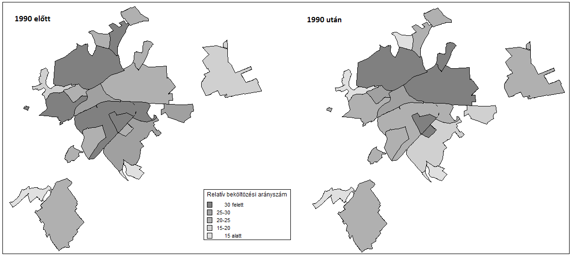 Térbeli mozgáspályák -Belülről kifelé haladva csökken a nem Győrben születettek aránya (Belváros: 42%; kertes, falusias lakóövezetek: 28%) - A Győrbe költözők legmagasabb arányban Révfaluban (48%),