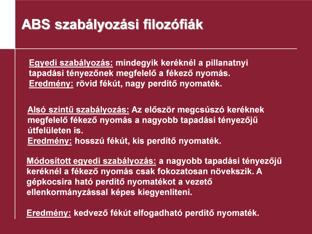 ABS szabályozási filozófiák: Ezen az oldalon találja összefoglalva néhány fontosabb ABS szabályozási lehetőséget.