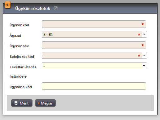 Adott listabeli elem előtt lévő Részletek gombot megnyomva megjelennek az adott ügykör információi. A lista fejlécében szereplő Új gombot megnyomva lehetőségünk nyílik új ügykör létrehozására.