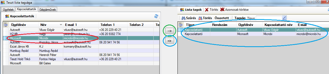 Mindhárom terjesztési lista összeállítása ugyanúgy történik, azaz a listába választhatunk: 1. magánszemélyeket vagy vállalkozásokat 2. egy cég kapcsolattartóját, vagy többet 3. járművek tulajdonosait.