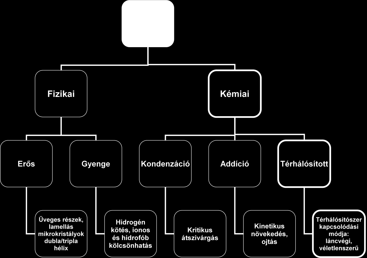 8. ábra A hidrogélek csoportosítása szerkezeti szempontok alapján (piros színnel jelölt kategóriákba sorolható a poli(2-hidroxietil-metakrilát) hidrogél is).
