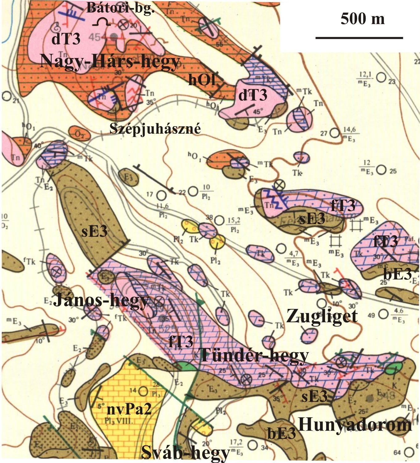 A János-hegy Hárs-hegy földtani felépítése ft3 Fődolomit dt3 Dachsteini Mészkő se3