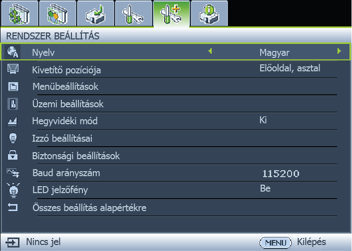A menük használata A projektor a különböző beállítások elvégzéséhez rendelkezik képernyőmenüvel (OSD). Az OSD menü szerkezete az alábbi.