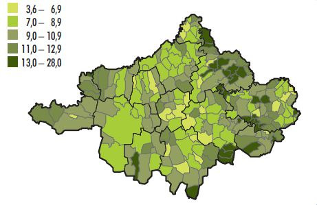 13. ábra: 70 évesek és idősebbek aránya egyes településeken Szabolcs-Szatmár-Bereg megyében, 2011 (forrás: 2011.
