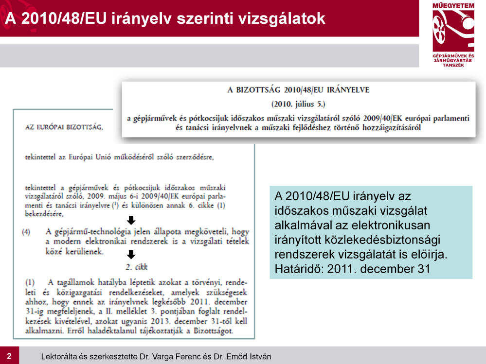 A 2010/48/EU irányelv Magyarországra vonatkozóan is előírja az elektronikusan irányított közlekedésbiztonsági rendszerek vizsgálatát. Az irányelv szerint a bevezetés határideje: 2011. december 31.