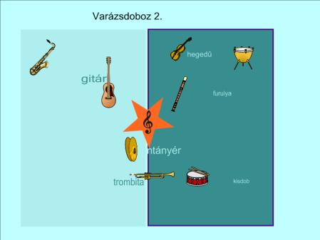 3. A következő játék egy típusfeladat, neve Varázsdoboz. Játékos módon felelevenítjük a hangszerek nevét (a színek árnyalataival lehet a feladatot elkészíteni).