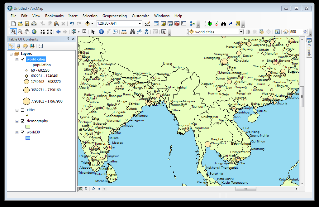 Nyissunk meg egy új nézetet, és adjuk hozzá a következő négy fájlt: - World30.shp. - Demography.shp - Cities.shp - Cities.lyr. A legutolsó fájl egy layer fájl.