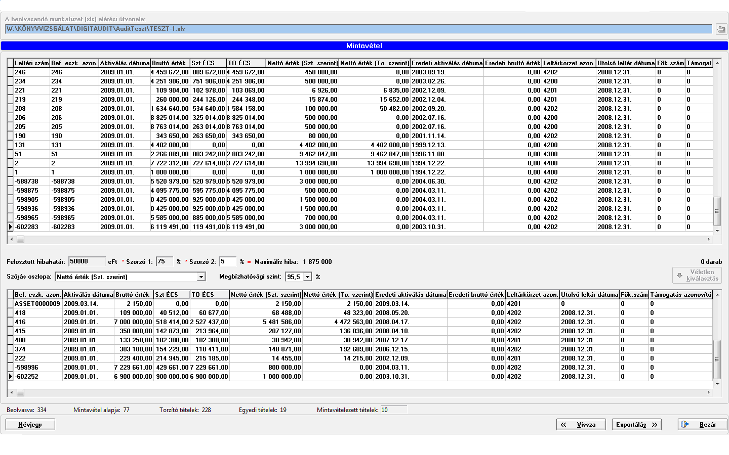 6. kép II/0. pont Vizsgálati cél Maximális hiba szorzója Minta tételek Véletlen mintavétel Exportálás Excel munkalapra III. Tesztelés és kiértékelés Az II.