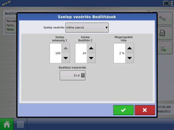 INTEGRA User Manual Folyékony termékkijuttatás vezérlés (folytatás) Vezérlőszelep beállítások - Szervó 1-es szelep sebesség - A szervószelep azon sebességét határozza meg, amikor a termékvezérlési