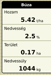 INTEGRA User Manual Betakarítás művelet állapotelemei Hozam Terményáramlás alatt a pillanatnyi hozamot mutatja, míg ha nincs terményáramlás, az átlaghozamot jelzi ki.