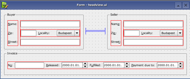Számla fejléc megtervezése Designerrel buyer_zip (QLineEdit) buyer_country (QComboBox) seller_zip (QLineEdit) seller_country (QComboBox) buyer_name (QLineEdit) seller_name