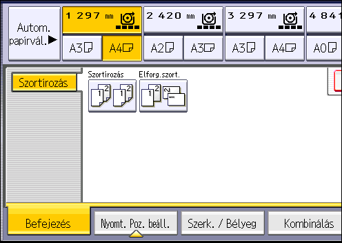 3. Másolás 1. Nyomja meg a [Befejezés] (befejező műveletek) gombot. 2. Válassza a [Szortírozás] vagy az [Elforg. szort.] lehetőséget, és nyomja meg az [OK] gombot. 3.