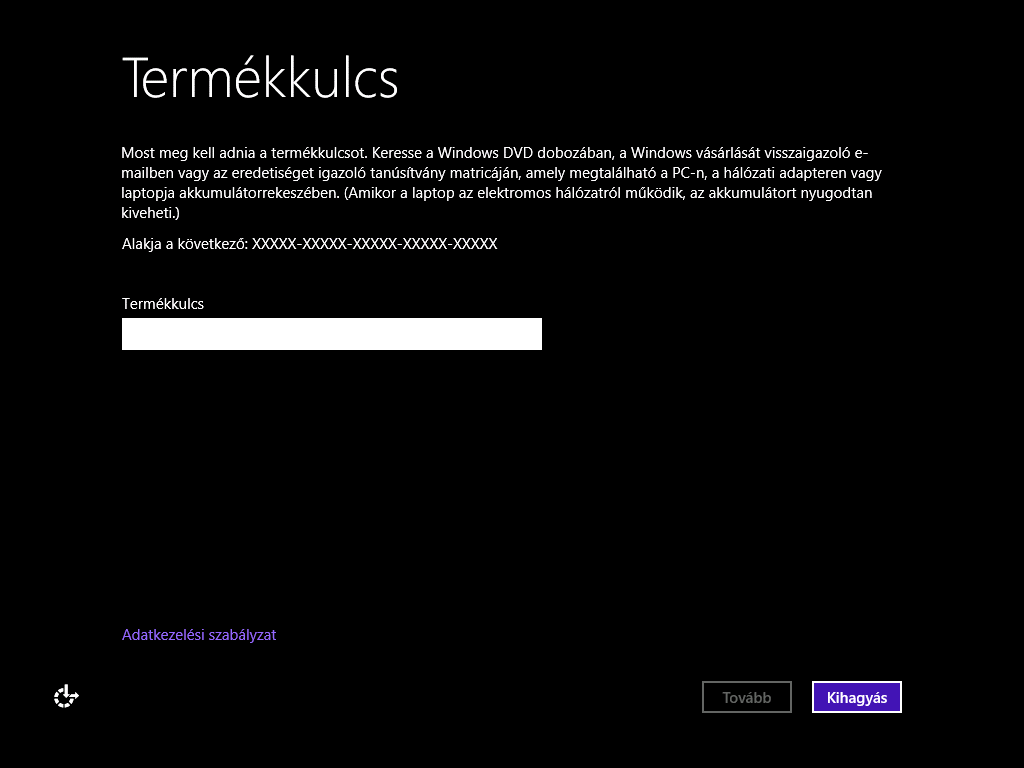 Notebook első indítása Gépelje be a termékkulcsot amit a notebook