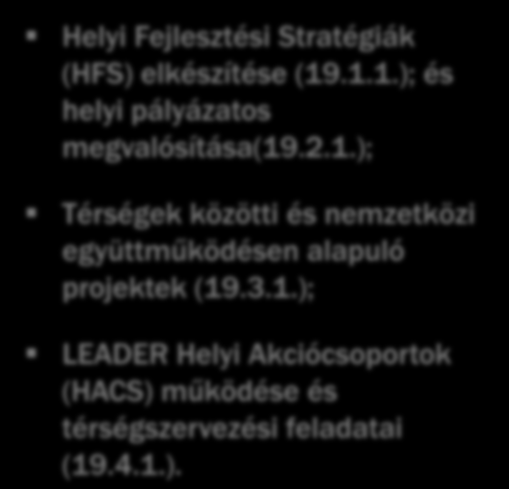 LEADER-ben támogatható 2014-2020 Helyi Fejlesztési Stratégiák (HFS) elkészítése (19.1.1.); és helyi pályázatos megvalósítása(19.2.1.); Térségek közötti és nemzetközi együttműködésen alapuló projektek (19.