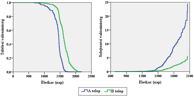 A két telep túlélési hányada között szignifikáns különbséget jelzett a túlélés elemzés log-rank tesztje (χ 2 =164,563 és P<0,001).