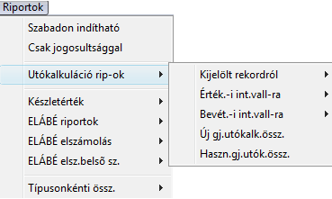 3.1. Utókalkulációs riportok Az Utókalkulációs riportok almenüpontjai a következők (19. ábra): 19.