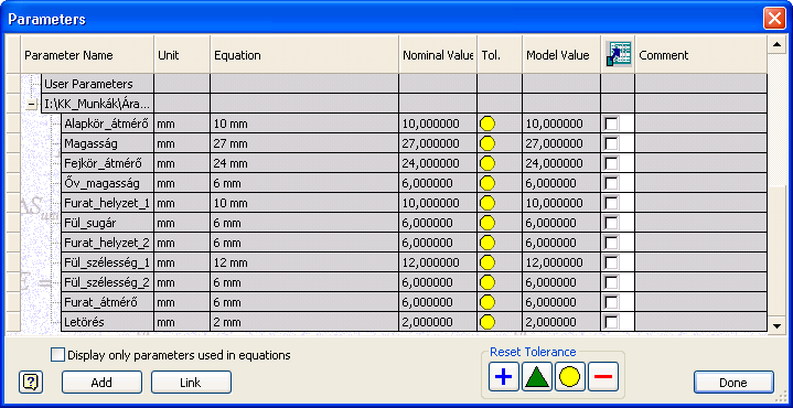 4. Alaksajátosságra alapozott geometriai modellezés 15 4.23. ábra. Parametrikus alkatrész modellezés kód táblája. 4.2.5. Attributív információk 4.24. ábra. Példa a parametrikus alkatrész modellezés használatára.