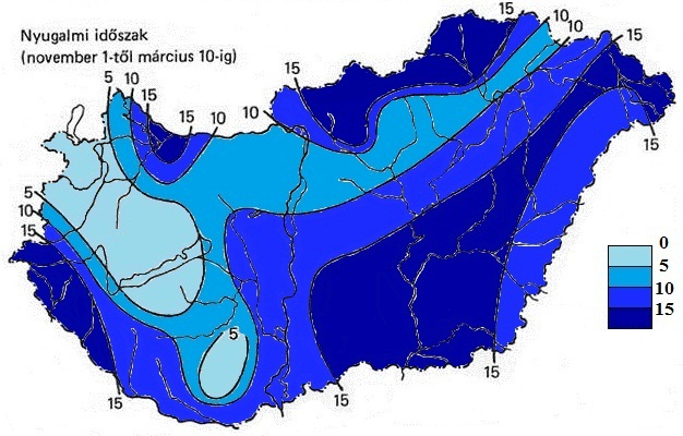 3. ábra: A 21 C-nál alacsonyabb minimum hőmérsékletű napok számának területi eloszlása 1950 1979 között (Dunkel és Kozma, 1981 alapján).