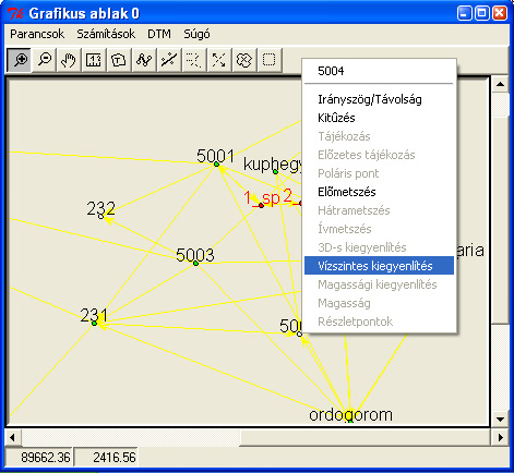 hálózat kiegyenlítés modul segítségével számítsuk ki újra az pont vízszintes koordinátáit. grafikus ablakban kattintson a jobb egérgombbal az pont nullkörére.