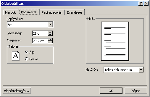 A papír méretét és