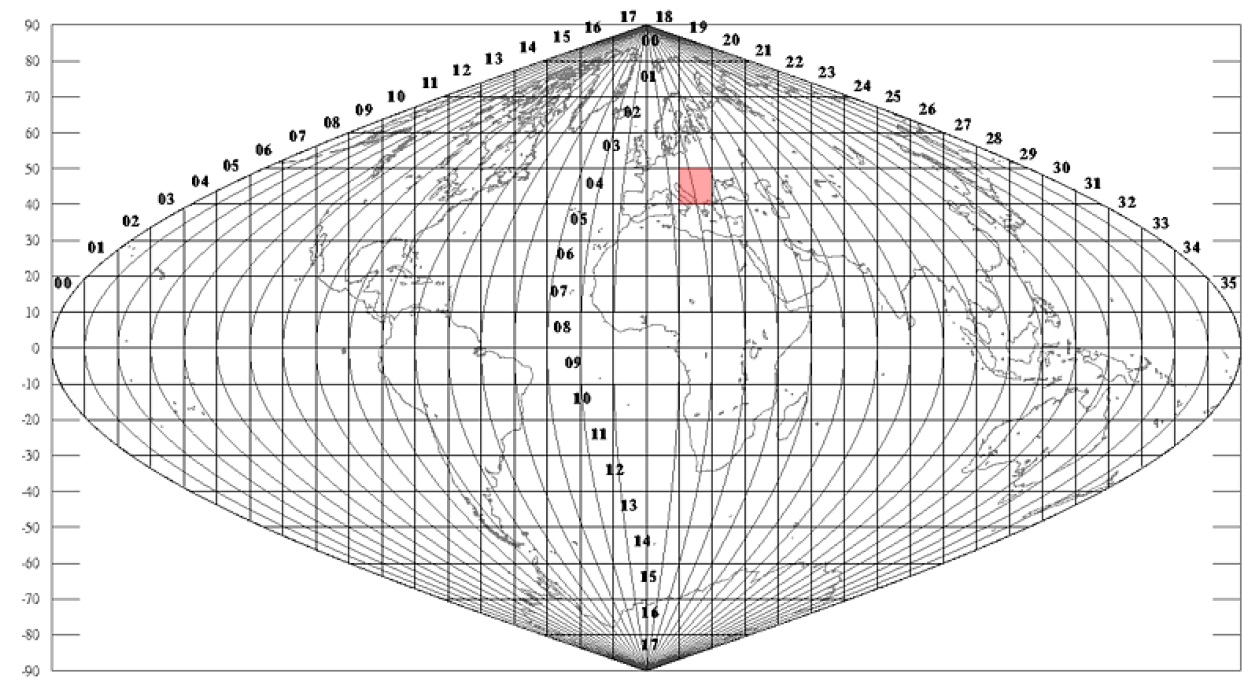 1. ábra: A MODIS rácshálózat (NASA 2005) szinuszoid vetületben, a térségünket tartalmazó kivágat pirossal jelölve Budapest méretéhez igazodva a vizsgálathoz egy 70 70 rácspontból álló területet