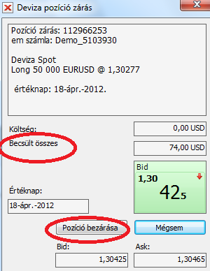 Bárhogy is nyitotta meg a pozíciót a fent említett módok közül, nyitás után azonnal megjelenik a nyitott pozíciók ablakban, a legfontosabb értékekkel, úgy mint termék neve, mennyiség, értéknap,