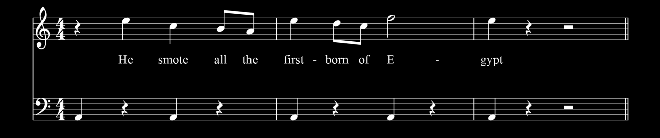 5.1. 55. kantáta: Verfolgter Geist, wohin? 33 5. kottapélda. Telemann: 55. kantáta 43-46.ütem. 6. kottapélda. Händel: Izrael Egyiptomban I. rész 9. kórus 1-3. ütem.