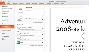 Hol található a nyomtatási kép? A PowerPoint 2010-es verziójában a nyomtatási kép nem külön ablakban jelenik meg.