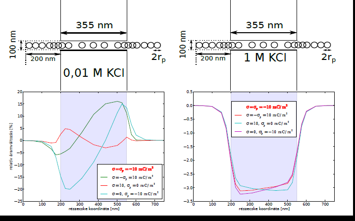 4.3. Multifizikai szimulációk Multifizikai szimulációkat végeztünk (csatolt Poisson-Nernst-Planck Navier-Stokes egyenletek numerikus megoldásával) egy-nanopórusos molekuláris számlálók válaszának