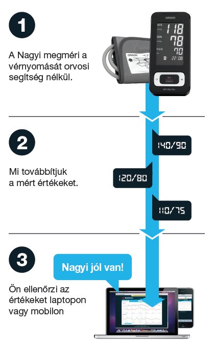 Hogyan működik a rendszer? 1. A beteg megméri a vérnyomását. 2. Az adatátviteli egységgel elküldi az adatokat. 3.