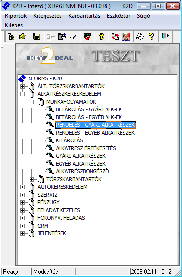 Gyári alkatrészek rendelése modul 1. Bevezetés... 2 2. Menüpontok... 3 2.1. Törölhető tételek... 3 2.2. Szűrések... 4 3. Új megrendelés felvitele... 5 3.1. Rendelés készletfoglalásból... 6 3.2. Készletfeltöltő rendelés.