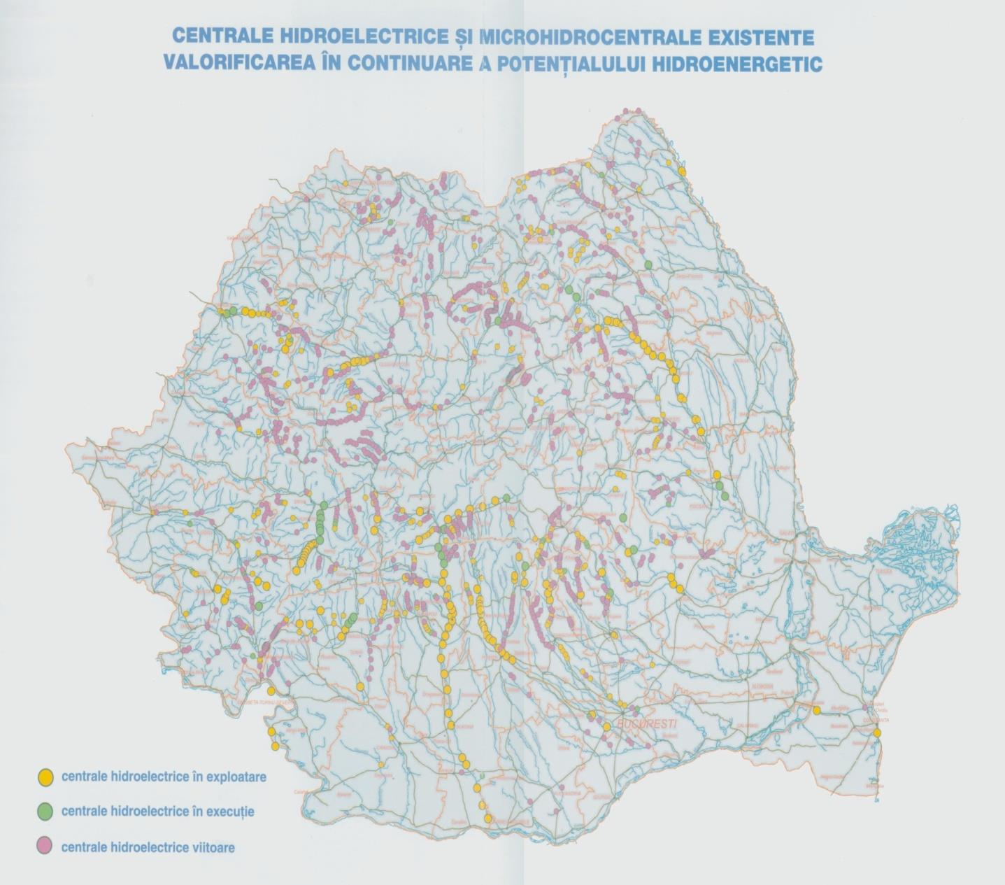 Románia vízenergia térképe (működő,