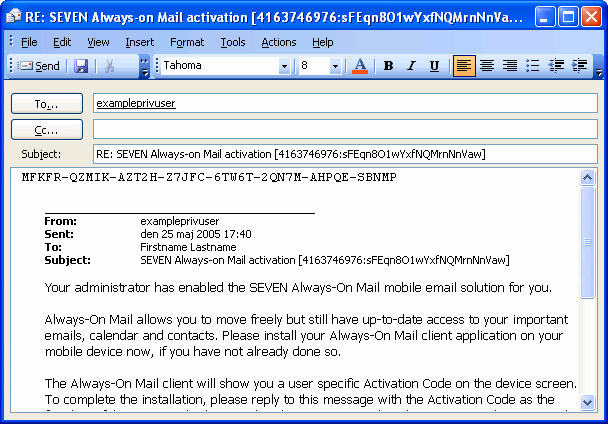 10 ábra. Aktiváló kód 12. Ha asztali számítógépére az aktiváló kódot kérő e-mail üzenetet kapott, válaszoljon a levélre úgy, hogy a válasz első sorába másolja be az aktiváló kódot.