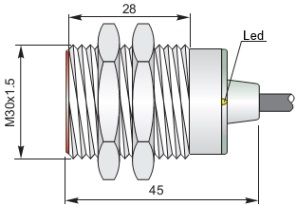 Induktív érzékelők (Ø30mm) Hengeres, menetes, vezetékes érzékelők 30mm átmérő Vezetékes, beépíthető típus Standard kapcsolási távolság Rövid méret 3 vez.