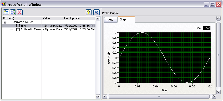 Probes Use the Probe tool to observe intermediate data values and check the error output of VIs and functions,