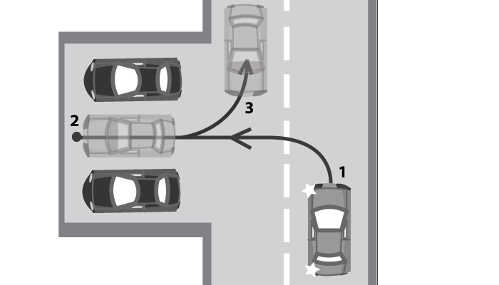 A feladatot két várakozó jármű közé történő parkolással kell végrehajtani úgy, hogy a feladat végrehajtása után a jármű kijelölt várakozó helyen az előírásoknak megfelelően (a vonalra nem ráállva)