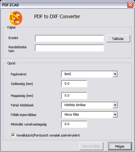 A PDF konvertálás lépései: 1. Indítsa el az eszközt a) Tartozékok PDF konvertálása DXF-be, b) Fájl PDF konvertálása DXF-be, c) a _PDF2CAD paranccsal. 2. A Tallózás gombbal válasszon PDF fájlt.