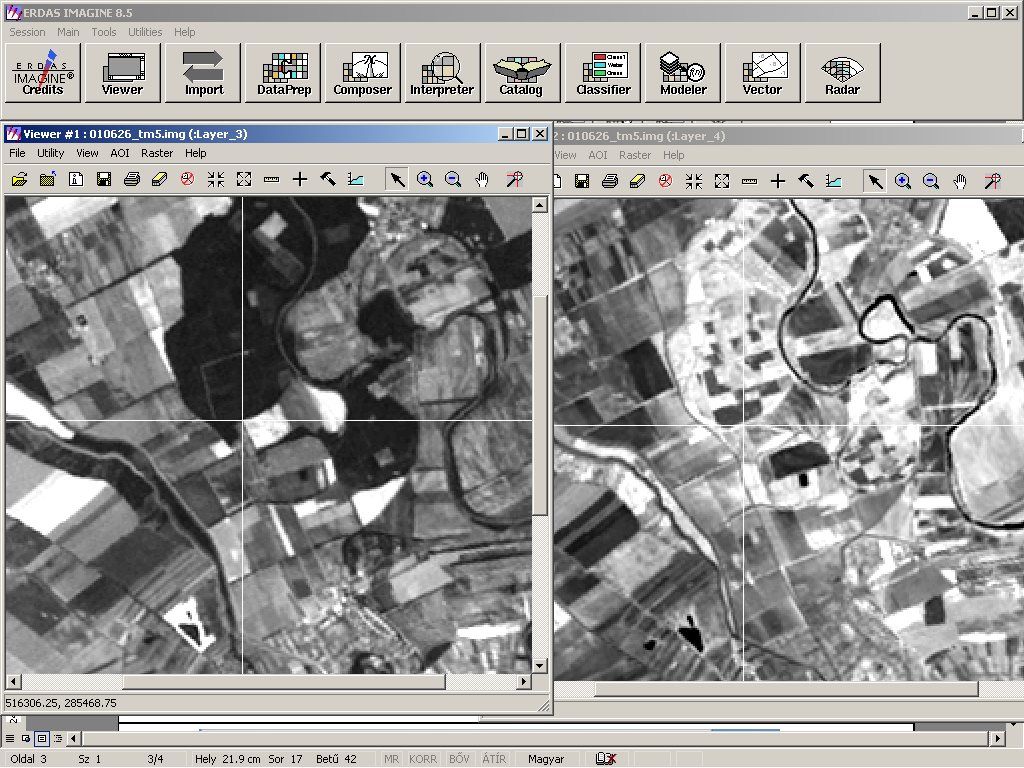 Landsat űrfelvételek fekete-fehér megjelenítésben. A bal oldali a 3. (0,63-0,69, vörös) sávban, a jobb oldali a 4.(0,76-0,90, közeli infra) sávban készült ugyanabban az időpontban (2001-06-26.