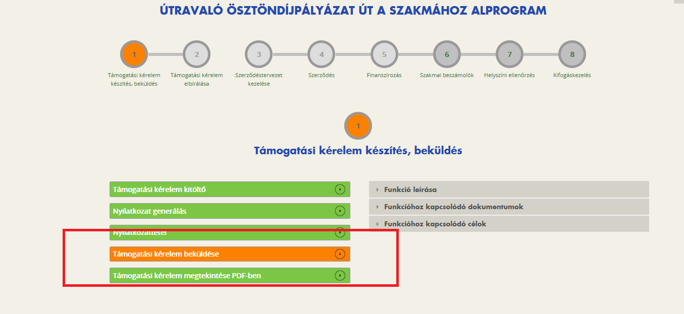 A VISSZA gomb megnyomásával jutunk vissza a Támogatási kérelem készítése, beküldése felületre.
