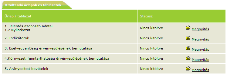 Ezt követően láthatóvá válnak a jelentés alapadatai, valamint a kitöltendő űrlapok és táblázatok. 4.6.