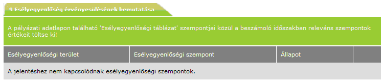 4.7. ESÉLYEGYENLŐSÉG ÉRVÉNYESÜLÉSÉNEK BEMUTATÁSA: A PFJ Esélyegyenlőség pontjában kérjük, a Pályázati E-Ügyintézés Felületen megjelenő összes szempont esetében szíveskedjenek megadni az aktuális PFJ