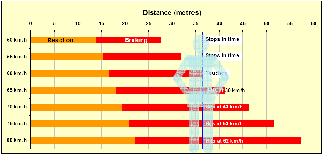 Féktávolság Távolság (méterben) időben megáll reakcióút fékút időben megáll megérinti a gyalogost 30