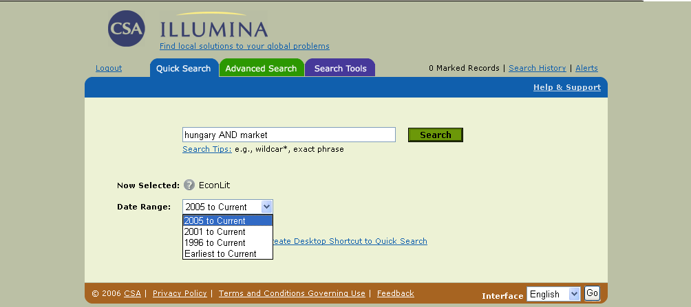 7.2. EconLit Az EconLit adatbázisban való keresés a CSA Illumina felületen történik. Elérhetı egyszerő és összetett keresés is. A következı képernyı egy gyorskeresést <Quick Search> mutat.