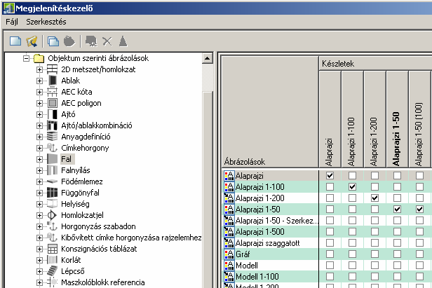 14. ábra: A Falak az Alaprajzi 1-50 ábrázoláskészlethez csak az Alaprajzi 1-50 nevű ábrázolásukkal járulnak hozzá.